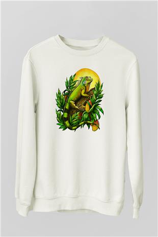 İguana Baskılı Beyaz Unisex Sweatshirt