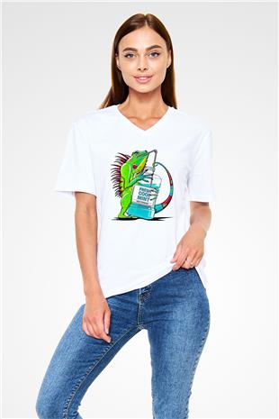 İguana Baskılı Beyaz Unisex V Yaka Tişört - Tshirt