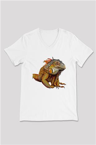 İguana Baskılı Beyaz Unisex V Yaka Tişört - Tshirt