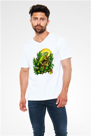 İguana Baskılı Beyaz Unisex V Yaka Tişört - Tshirt