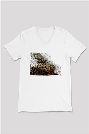 İguana Baskılı Beyaz Unisex V Yaka Tişört - Tshirt