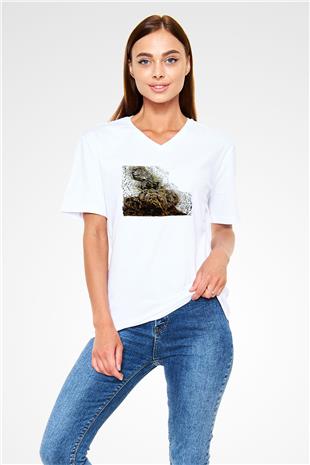 İguana Baskılı Beyaz Unisex V Yaka Tişört - Tshirt