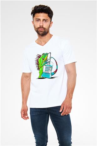 İguana Baskılı Beyaz Unisex V Yaka Tişört - Tshirt