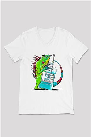 İguana Baskılı Beyaz Unisex V Yaka Tişört - Tshirt