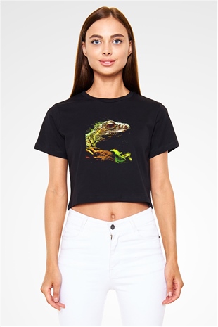 İguana Baskılı Siyah Crop Top Kadın Tişört - Tshirt