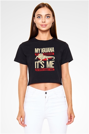 İguana Baskılı Siyah Crop Top Kadın Tişört - Tshirt