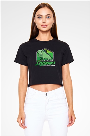 İguana Baskılı Siyah Crop Top Kadın Tişört - Tshirt