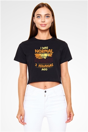 İguana Baskılı Siyah Crop Top Kadın Tişört - Tshirt