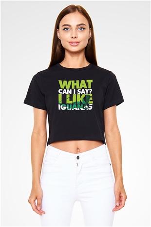İguana Baskılı Siyah Crop Top Kadın Tişört - Tshirt