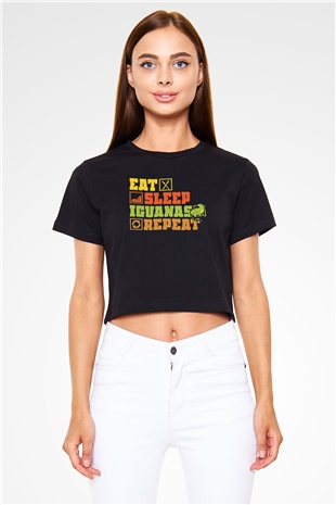 İguana Baskılı Siyah Crop Top Kadın Tişört - Tshirt