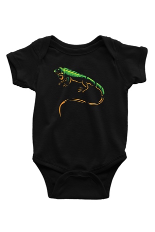 İguana Baskılı Unisex Siyah Bebek Body - Zıbın