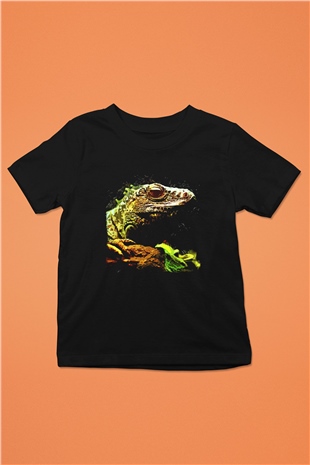 İguana Baskılı Unisex Siyah Çocuk Tişört - Tshirt