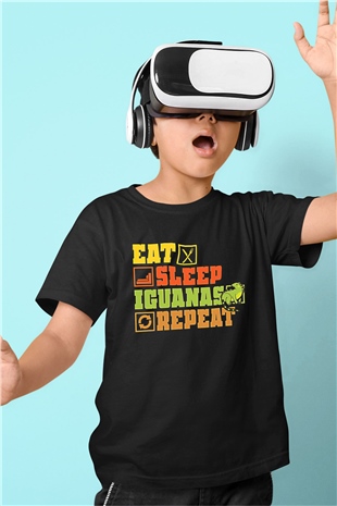 İguana Baskılı Unisex Siyah Çocuk Tişört - Tshirt