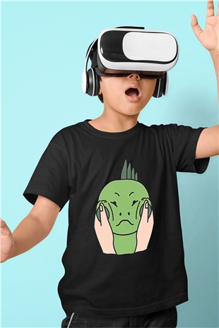 İguana Baskılı Unisex Siyah Çocuk Tişört - Tshirt