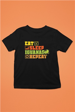 İguana Baskılı Unisex Siyah Çocuk Tişört - Tshirt
