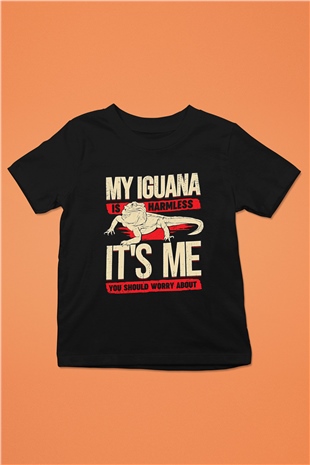 İguana Baskılı Unisex Siyah Çocuk Tişört - Tshirt
