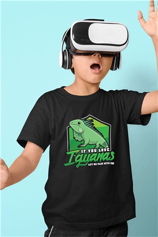 İguana Baskılı Unisex Siyah Çocuk Tişört - Tshirt