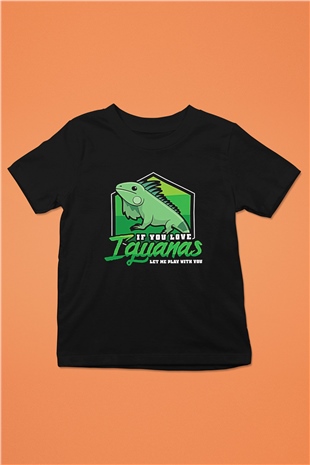 İguana Baskılı Unisex Siyah Çocuk Tişört - Tshirt