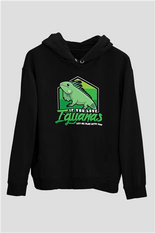İguana Baskılı Unisex Siyah Hoodie