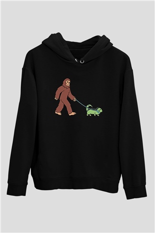 İguana Baskılı Unisex Siyah Hoodie