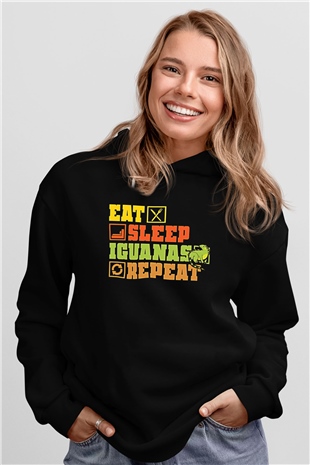 İguana Baskılı Unisex Siyah Hoodie