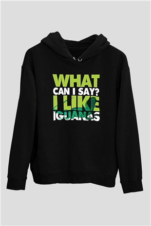 İguana Baskılı Unisex Siyah Hoodie