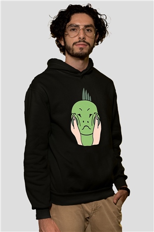 İguana Baskılı Unisex Siyah Hoodie