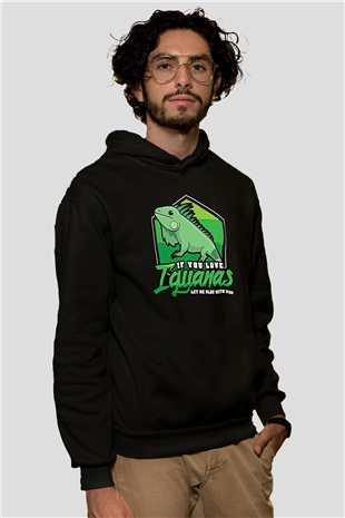 İguana Baskılı Unisex Siyah Hoodie