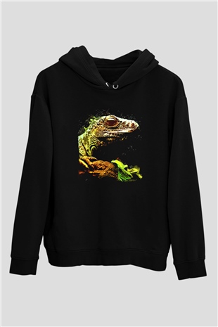 İguana Baskılı Unisex Siyah Hoodie