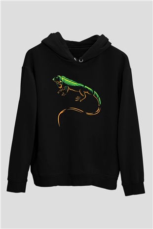 İguana Baskılı Unisex Siyah Hoodie