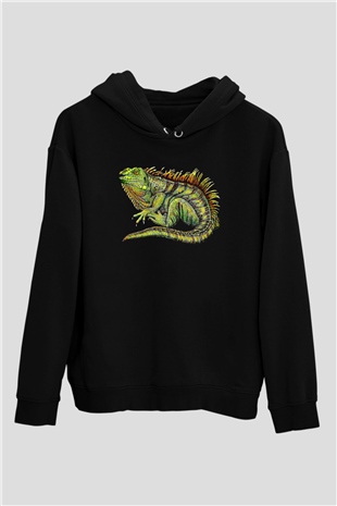 İguana Baskılı Unisex Siyah Hoodie