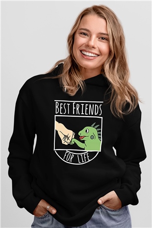 İguana Baskılı Unisex Siyah Hoodie