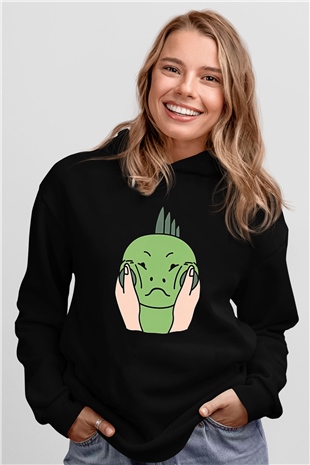 İguana Baskılı Unisex Siyah Hoodie