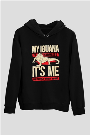 İguana Baskılı Unisex Siyah Hoodie