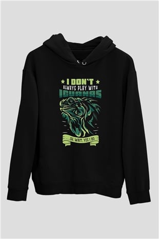 İguana Baskılı Unisex Siyah Hoodie