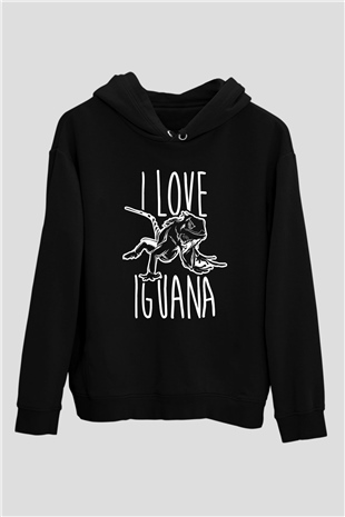 İguana Baskılı Unisex Siyah Hoodie