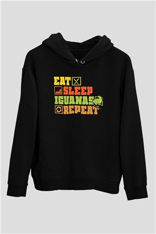 İguana Baskılı Unisex Siyah Hoodie