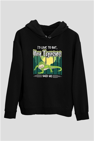 İguana Baskılı Unisex Siyah Hoodie