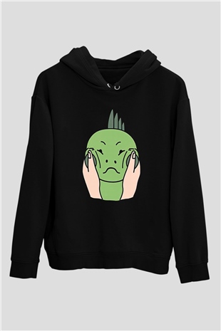 İguana Baskılı Unisex Siyah Hoodie