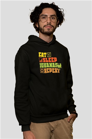 İguana Baskılı Unisex Siyah Hoodie