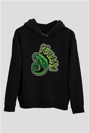 İguana Baskılı Unisex Siyah Hoodie