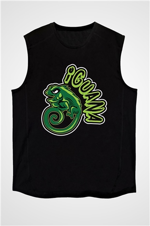 İguana Baskılı Unisex Siyah Kolsuz Tişört - Tshirt
