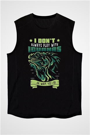İguana Baskılı Unisex Siyah Kolsuz Tişört - Tshirt