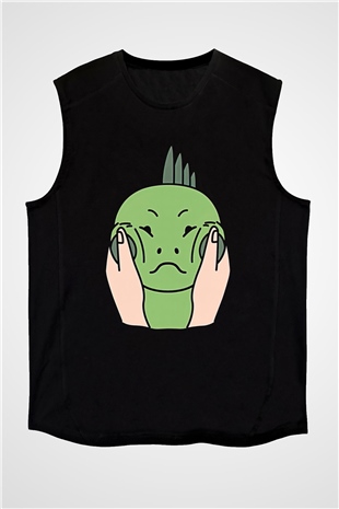 İguana Baskılı Unisex Siyah Kolsuz Tişört - Tshirt
