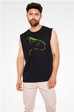 İguana Baskılı Unisex Siyah Kolsuz Tişört - Tshirt
