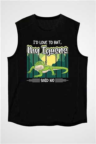 İguana Baskılı Unisex Siyah Kolsuz Tişört - Tshirt