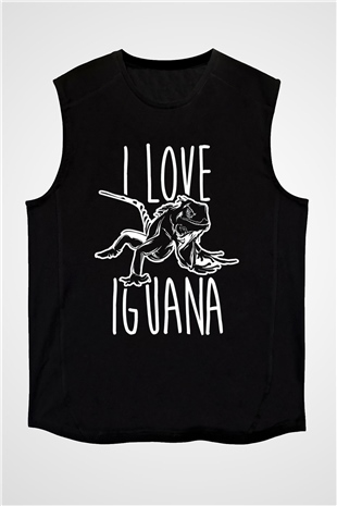 İguana Baskılı Unisex Siyah Kolsuz Tişört - Tshirt