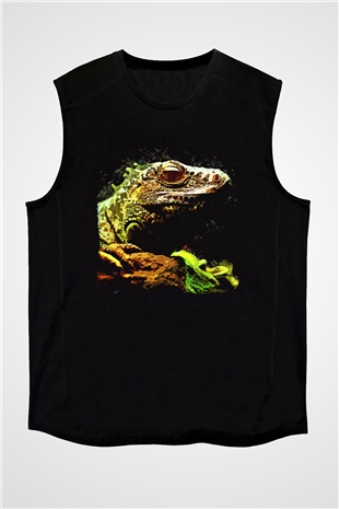 İguana Baskılı Unisex Siyah Kolsuz Tişört - Tshirt