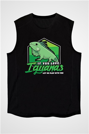 İguana Baskılı Unisex Siyah Kolsuz Tişört - Tshirt