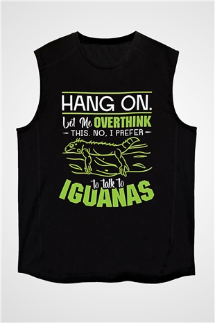 İguana Baskılı Unisex Siyah Kolsuz Tişört - Tshirt